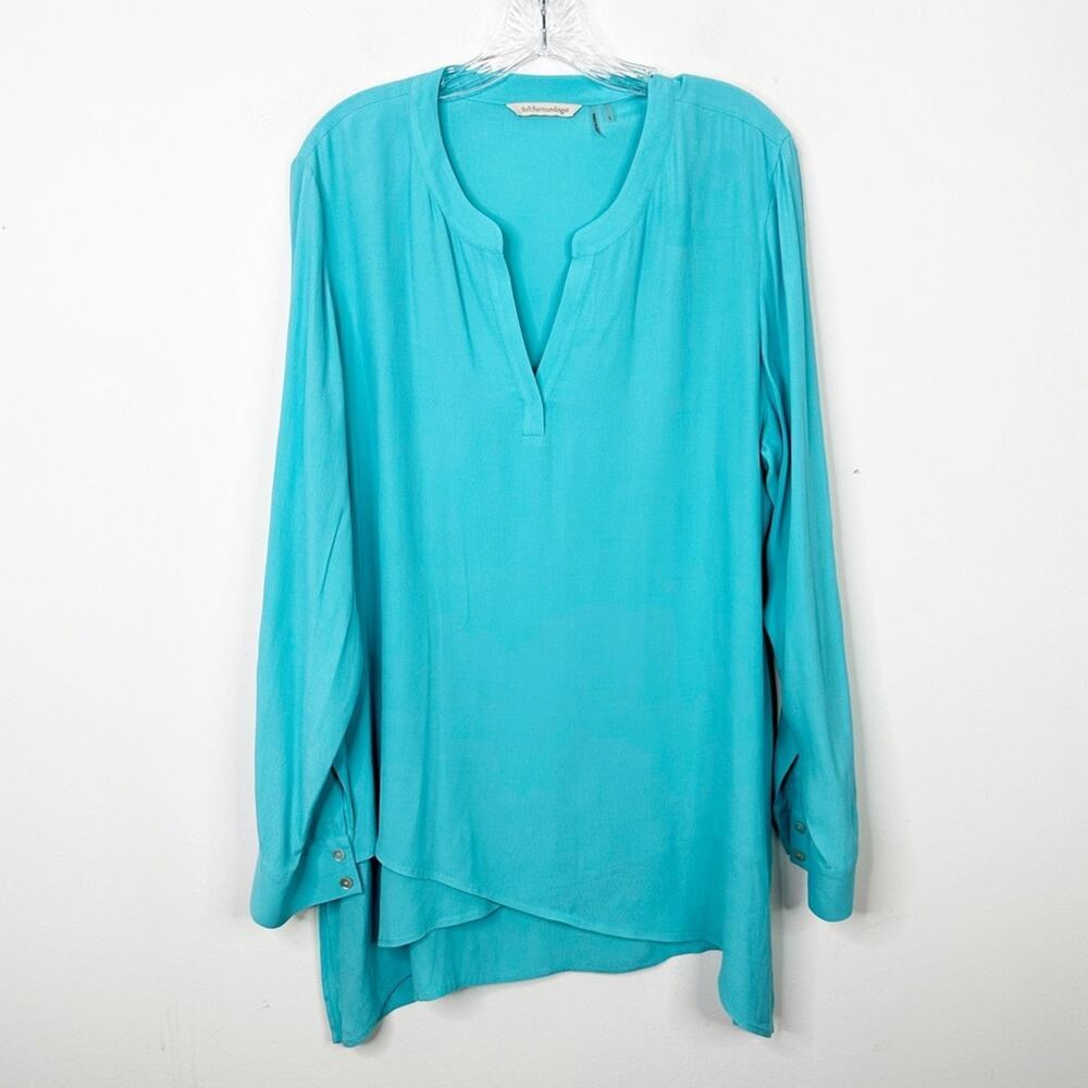 SOFT SURROUNDINGS Teal Blue‎ Crape V-Neck Asymmetrical Tunic Top Sz. Large - Picture 2 of 4